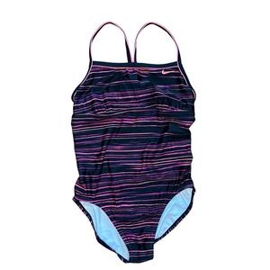 EUC Nike Racerback One-Piece Swimsuit – Black & Hot Pink Striped – Size 12